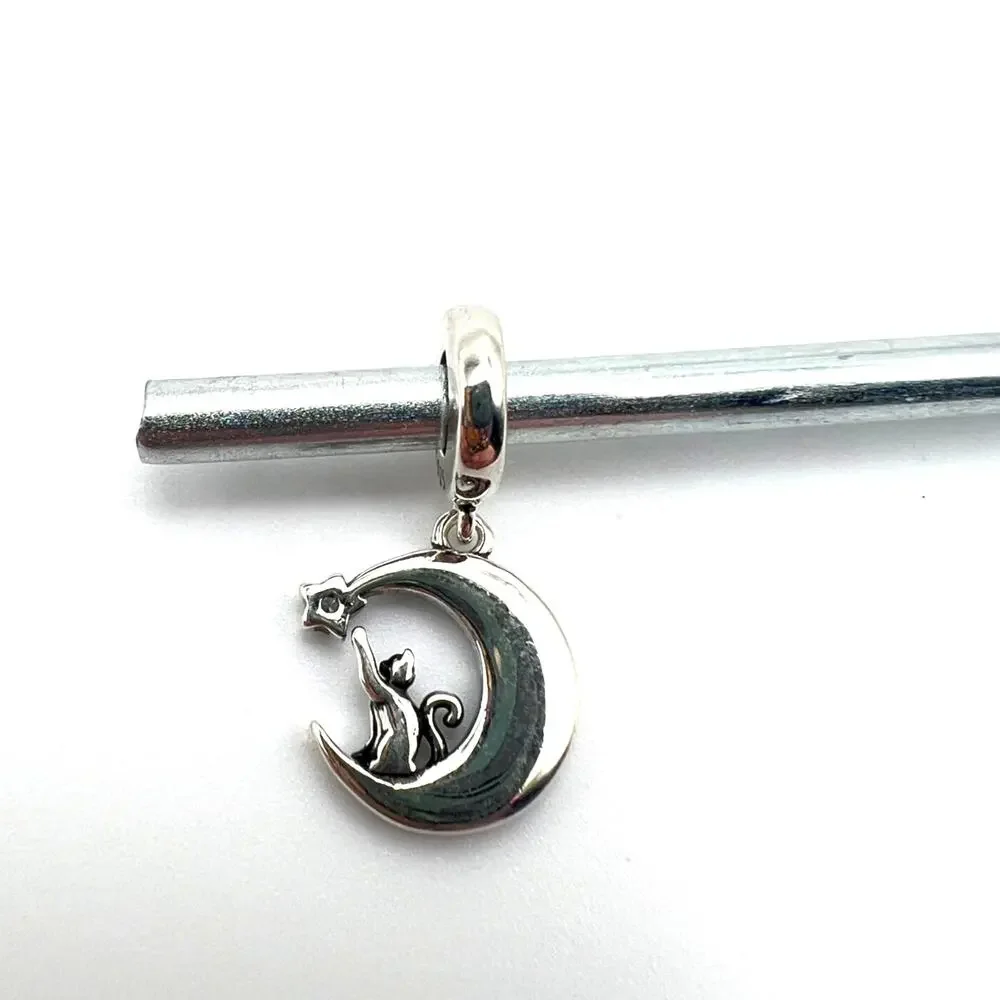 NEW Glow-in-the-dark Cat on Crescent Moon Charm for European Bracelet